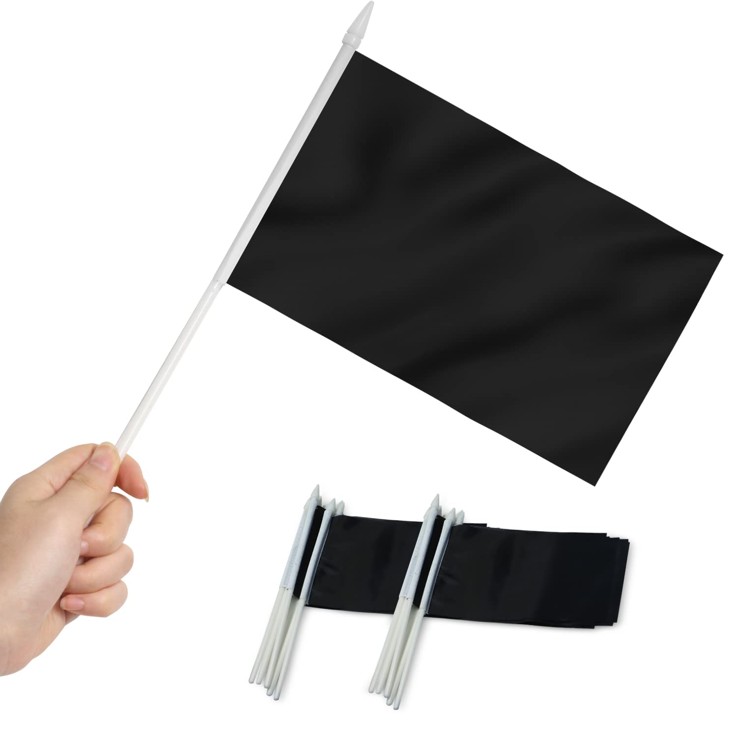 Anley Black Mini Flag 12 Pack - Hand Held Small Miniature Solid Black Blank Flags on Stick - Fade Resistant & Vivid Colors - 5x8 Inch with Solid Pole & Spear Top