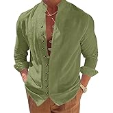 Scapodo Men's Retro Casual Shirt - Long Sleeve Button Down Stand Collar Loose Fit Plain Shirt for Vacation Wear