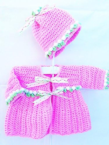 Pink Crocheted Infant Toddler Sweater and Hat