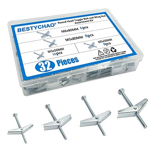 TOP-VIGOR 32Pcs Plasterboard Fixings, M3/M5/M6 Wing Spring Toggle Bolts and Drywall Screws, Hollow Anchors Kit, Heavy Duty Wall Plugs for Plasterboard, Cavity Wall, Fibreboard(50/80mm)