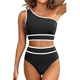Holipick High Waisted Bikini Sets - One Shoulder Two Piece Swimsuits Tummy Control Contrast Trim Bathing Suits Sexy Beachwear