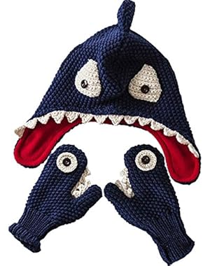 Package of Knitted Warm Hat and Gloves Baby Toddler Boy Handmade Shark Blue