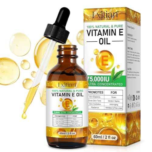 Pure Vitamin E, 100% Natural Vitamin E Oil for Skin, Organic Vitamin E Oil 75,000 IU, for Scars and Stretch Marks, Hydration of Dry Skin and Reduces Wrinkles, Firming Skin, 60 ml