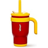 VINUR Kids 14 oz Tumbler with Handle and Straw Lid | Leak Resistant | Reusable Stainless Steel Insulated Tumbler Travel Water Mug with Rubber Base-Cup Holder Friendly, Canyon Red