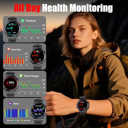 Smart Watch for Men Answer/Make Calls, 1.43" AMOLED Military Smart Watch with GPS/Torch/Compass/Altitude/Heart Rate/Health Monitor/Blood Oxygen, 5ATM Waterproof, 160+ Sports Smartwatch for iOS Android