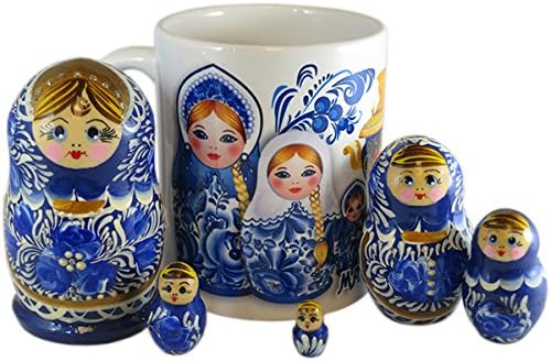 Set of 5 Piece Russian Nesting Doll Matryoshka Wood Nested Stacking Dolls with Ceramic Coffee Mug (Gzhel)