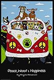 Buyartforless Peace Woof and Happiness by Angela Alexander 24x36 Art Print Poster Dog Lovers Humor Retro Pop Style VW Beetle