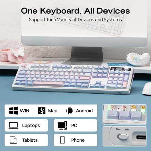 EPOMAKER TH108 V2 PRO Full Size Mechanical Keyboard with Screen&Knob, 10000mAh, BT/2.4Ghz, Mac Modifier PBT Keycap, Hot Swap, RGB, Gasket, Wireless Gaming Keyboard for Mac/PC (Blue, Sea Salt Silent)
