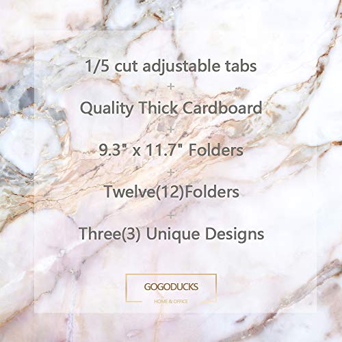 GOGODUCKS Hanging File Folders Letter Size with 1/5-Cut Adjustable Tab Durable Three Unique Marble Design Assorted, 12pcs Per Box