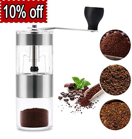 HENSUN Manual Coffee Grinder With Adjustable Ceramic Burrs, Portable Handheld Mini Conical Burr Mill for French Press, Acrylic Jars and Stainless Steel Handle