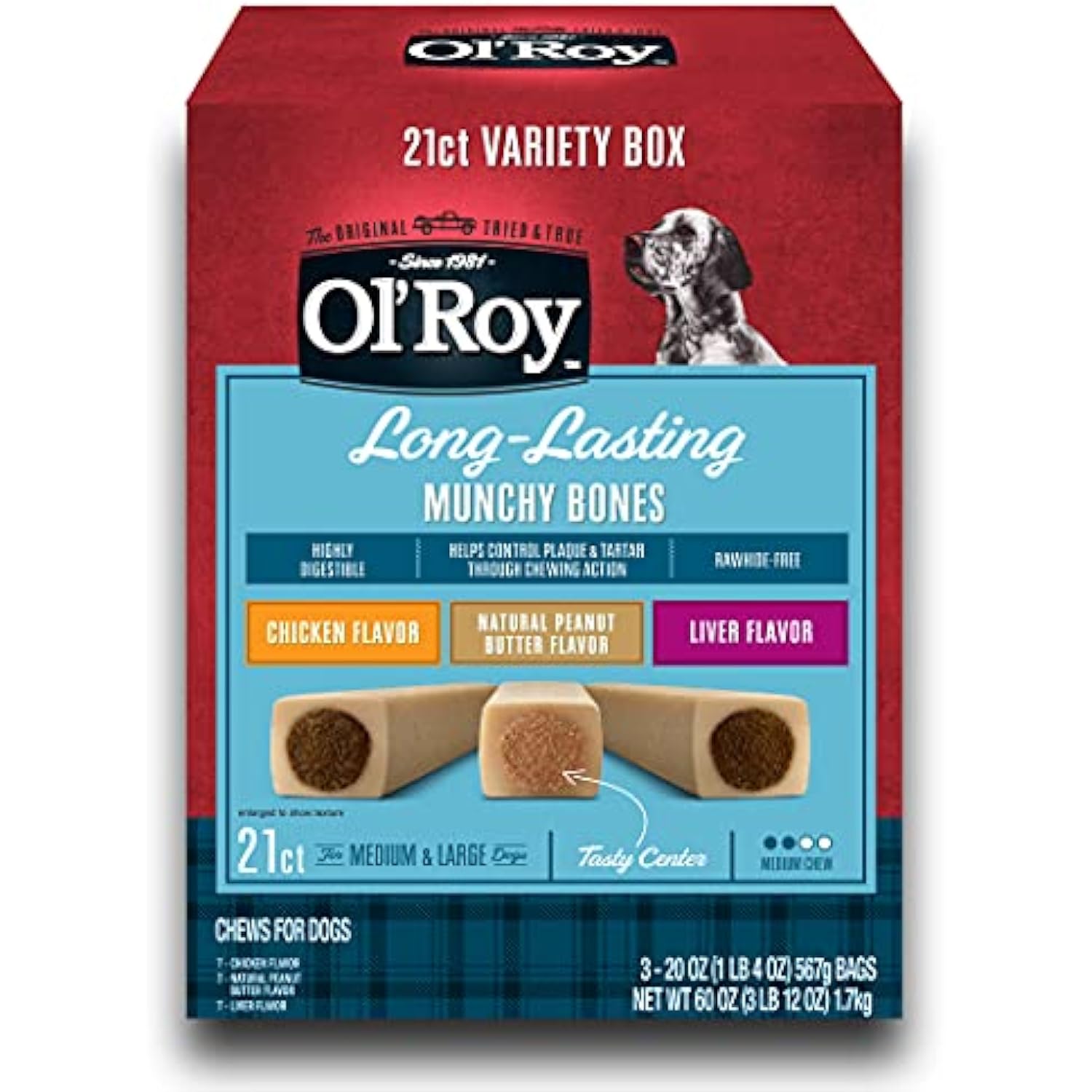 Ol' Roy Munchy Bones Dog Treats Variety Box, Chicken, Peanut Butter, Liver,  21 | eBay.de