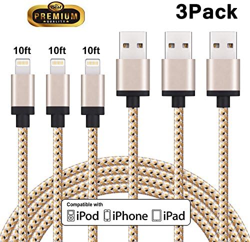 iPhone Charger, Everdigi Lightning Cable 3Pack 10FT Nylon Braided Extra Long Charging Cord Compatible with iPhone X 8 8Plus 7 7Plus 6s 6sPlus 6 6Plus SE 5 5s 5c iPad iPod &amp; More (Gold)