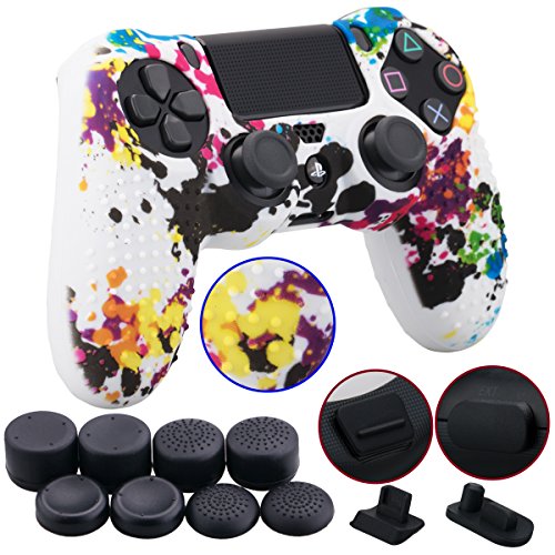 9CDeer 1 Piece of Silicone Studded Water Transfer Protective Sleeve Case Cover Skin + 8 Thumb Grips Analog Caps + 2 dust proof plugs for PS4/Slim/Pro Dualshock 4 Controller, Splashing Graffiti