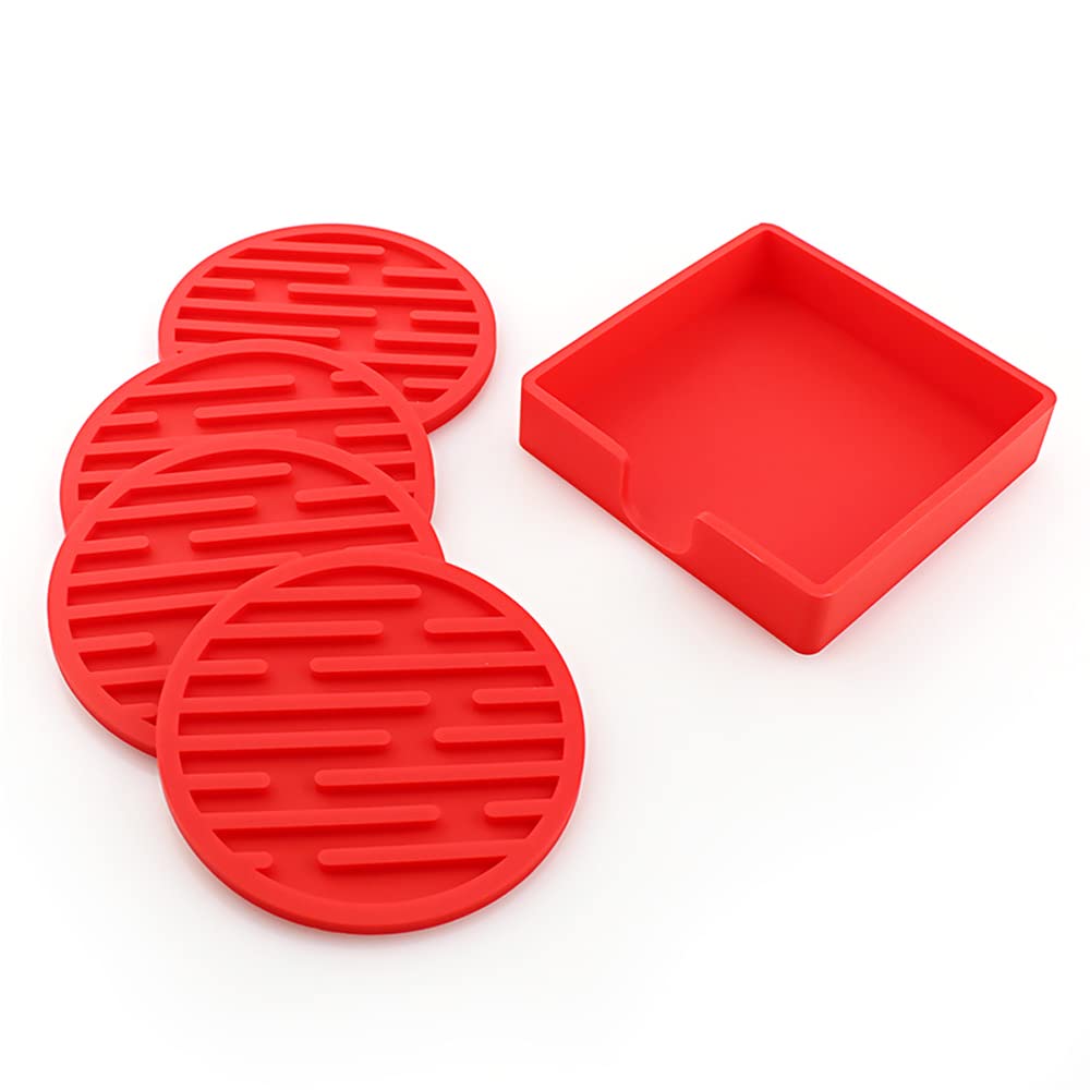 10cm/3.94inch Round Coasters Set Silicone Rubber Coaster Cup Pad Mat Anti-scald Non-Slip for Daily Home/Bar Coffee Tea Drink Use Insulate&protect furniture Coffee Beer Mug WineGlass Bottle (Red, 4)