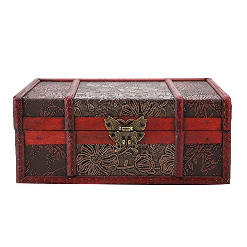 HEEPDD Vintage Wooden Jewelry Storage Box, Retro Antique Treasure Chest Decorative Trinket Container Keepsake Box for Women and Girls, 23x16x9.8cm