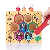 Kicoeoy Toddler Bee Hive Wooden Toys, Preschool Bee Game Motor Skills Toys for Kids Baby Early Educational Learning Colors and Sorting Counting Toddler Montessori Game Colorful Beehive Toys