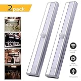 Closet Light Cupboard Motion Sensor Rechargeable under Cabinet Counter Stairs Lighting Drawer Bar Wireless Night Sensing lights Safe Magnetic Strip 10 LED 2 Pack Stick-on Anywhere Warm White (Silver)