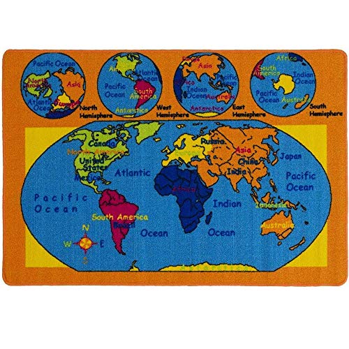 Mybecca Kids Rug World Map 3' X 5' Children Area Rug for Playroom & Nursery - Non Skid Gel Backing (39" x 56")