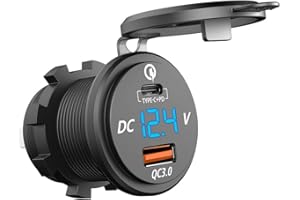 Meikuler 12V / 24V Built-in Socket Cigarette Lighter Charger, QC3.0 Type C Charger, with LED Voltmeter Display for Auto Boot 