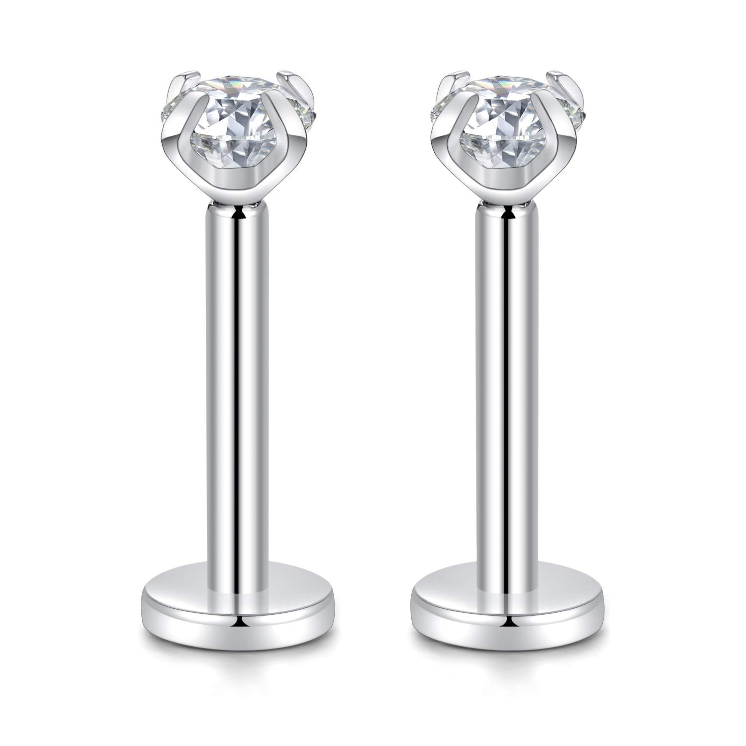 hengkaixuan G23 Titanium 16G 4mm Clear CZ Internally Threaded Labret Monroe Lip Studs Helix Cartilage Tragus Earring Piercing