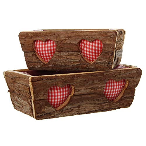 Herz Blumenkasten, Blumentopf eckig Pflanzkasten Pflanztopf "Rinde", im 2er Set mit Herz 24 x 13 x 10 cm, 30 x 18 x 12 cm
