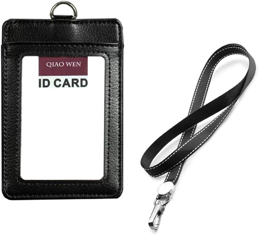 Badge Holder, Leather ID Badge Card Holder Wallet Case with 19 Inch Neck Lanyard, Credit Card Holder, 1 Clear ID Window, 2 Cards Slot, Strap for Offices ID, School ID, Driver Licence (Black)