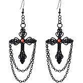 Gothic Cross Chain Earrings Vintage Red Black Crystal Earrings Statement Hollow Out Dangle Earrings Dark Halloween Witch Costume Jewelry for Women