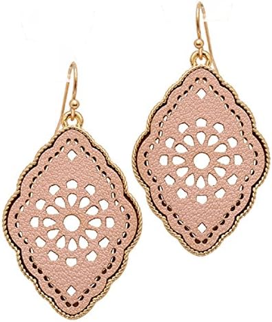 Gray and Light Pink Leather Filigree Dangle Earrings