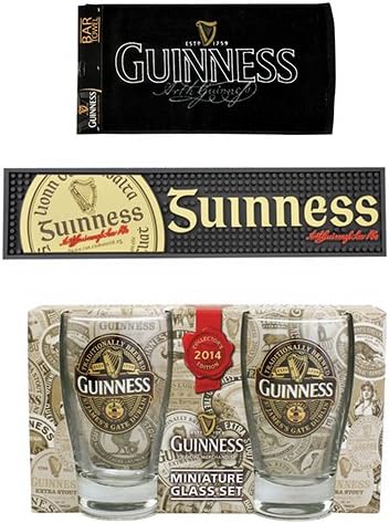 Guinness Barware Pack - Gaelic Bar Mat, Signature Bar Towel & Guinness 2014 Mini Pint Glass 2pk