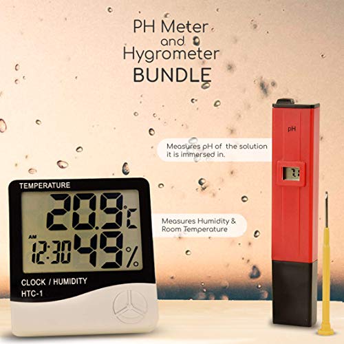 Hygrometer & PH Meter Bundle by Joyous - PH Digital Water Tester for Household Drinking Water, Swimming Pools & More - Humidity Monitor & Thermometer
