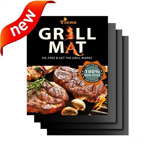 TIENO Non-Stick BBQ Grill Mats 16 X 13 Inches 0.20mm Thick For Charcoal, Electric And Gas Grills FDA Approved PFOA & BPA FREE Set Of 3