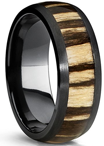 Black Titanium Wedding Band Ring with Real Zebra Wood Inlay, 8mm Dome, Comfort Fit Size 8.5