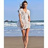 MG Collection White Crochet Zigzag Edge V Neck Swimsuit Cover Up / Beach Dress