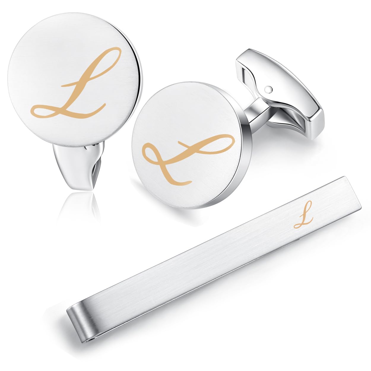 HONEY BEAR Initial Alphabet Letter Cufflinks Tie Clip Set for Mens - Brushed Silver Round for Business Wedding Gift A - Z