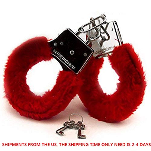 IYOWEL Handcuff Faux Leather Fuzzy Wrist Cuffs for Party (Red Handcuffs+red mask)