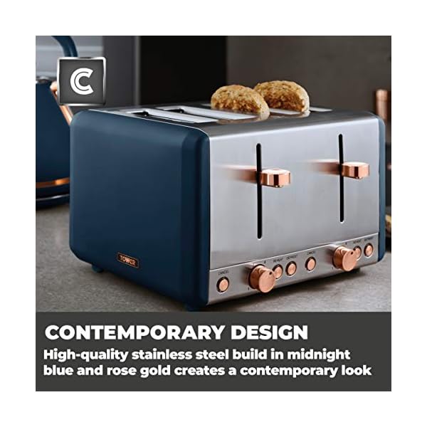 Tower T20051MNB Cavaletto 4-Slice Toaster with Defrost/Reheat, Stainless Steel, 1800 W, Midnight Blue and Rose Gold