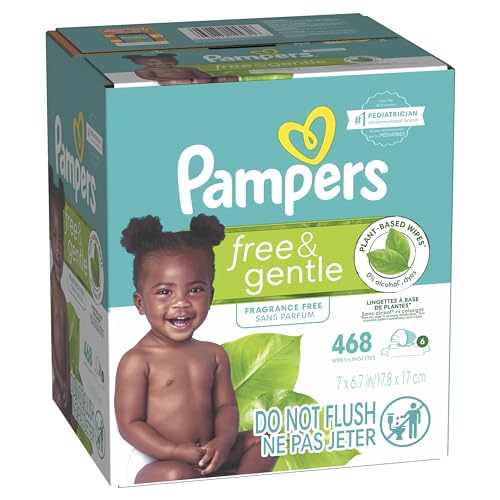 PAMPERS FREE & GENTLE 100% PLANT-BASED FRAGRANCE FREE BABY WIPES, 6 PACK, 468 COUNT