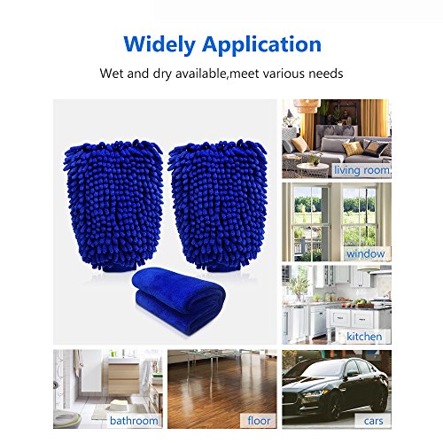 COOCHEER Waterproof Car Wash Mitt, 2-Packs Double Sided Microfiber Wash Mitt With Free Polishing Cloth, Extra Large Chenille Wash Glove, Super Absorbent, Lint Scratch Free (Wash Mitt1, Blue)