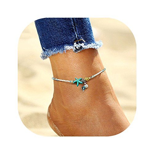 ZEALMER 2pcs Pack Boho Vintage Beads Tassel Anklet Retro Style Beads Flower Ankle Foot Chain Jewelry (Antique Silver Starfish)