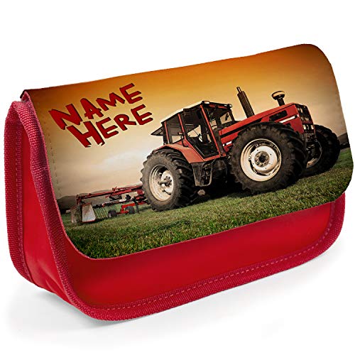 Personalised-School-Pencil-Case-Tractor-Farm-Stationary-Bag-Boys-ST176-Red
