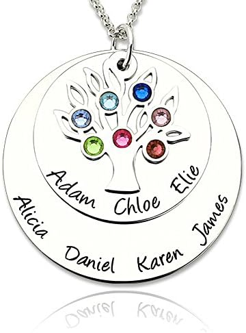 Zhaolian888 Personalized Family Tree Birthstone Name Necklace with 6 Names and Birthstone
