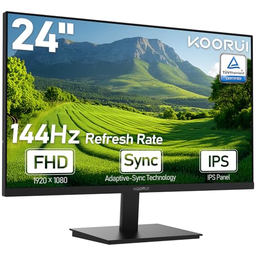KOORUI E2411K 24" FHD IPS PC Monitor, 144Hz Adaptive Sync, Eye Care, Tilt Adjustable, HDMI & VGA, VESA Mount, Ideal for Home Office, Streaming and Casual Gaming