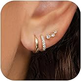 Risamil 14K Gold Plated 3 Pairs Earrings for Women Dainty Small Hoop Set Cute Cz Stud Huggie Flat Back Trendy Cartilage Earring Jewelry Gift