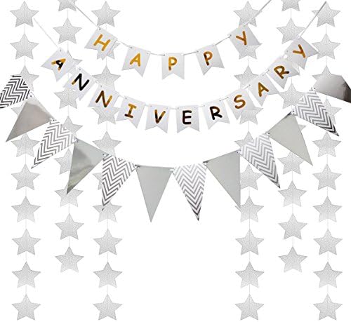 LOLOAJOY White and Gold HAPPY ANNIVERSARY Banner Silver Wave Triangular Flag Banner Stars Garland Party Supplies Favor for Anniversary Party Celebration Decor Photo Props