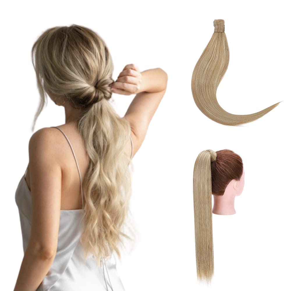 23" Long Straight Wrap Around Ponytail Clip in Hair Extensions One Piece Hairpiece Magic Tape in Pony Tail Extension for Women Light Ash Brown mix Bleach Blonde