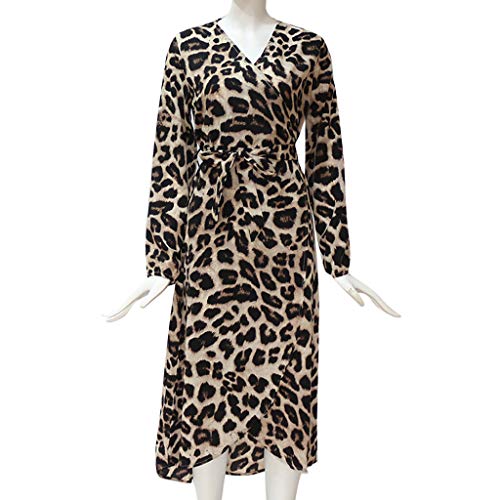 Keliay Bargain Fashion Women Casual Long Sleeve Leopard Print Split Lace Up V-Neck Long Dress