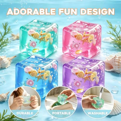 4 Pack Ice Cube Squishy Stress Ball–Soft Dough Squishy Fidget Toys,Mini Colorful Sensory Squeeze Cubes for Relaxation&Focus,Perfect for Classroom Prizes&Party Favors (4, Seashells, 1.4in)