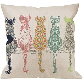 HGOD DESIGNS Colourful Creative Cared Cats Pillow Case,Cute Cats Back Cotton Linen Cushion Cover Square Standard Home Decorative for Men/Women 18x18 inch White Green Pink Orange