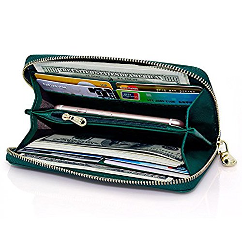 Women Wallet PU Leather Zipper Long Purse Credit Card Clutch Holder Strap Handbag (Green)