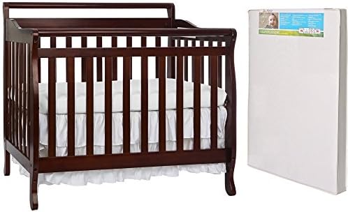 Dream On Me 4-in-1 MINI Portable Convertible Crib, Cherry and Dream On Me 3" Extra Firm Portable Crib Mattress, White - 2-Piece Bundle